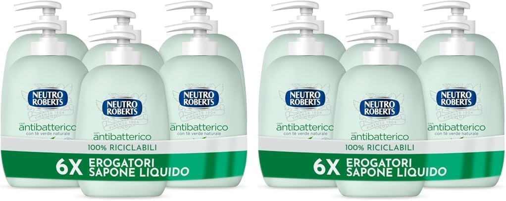 Neutro Roberts Sapone Liquido Antibatterico al Té Verde, 12x200 ml – Pelle Sana e Protetta
