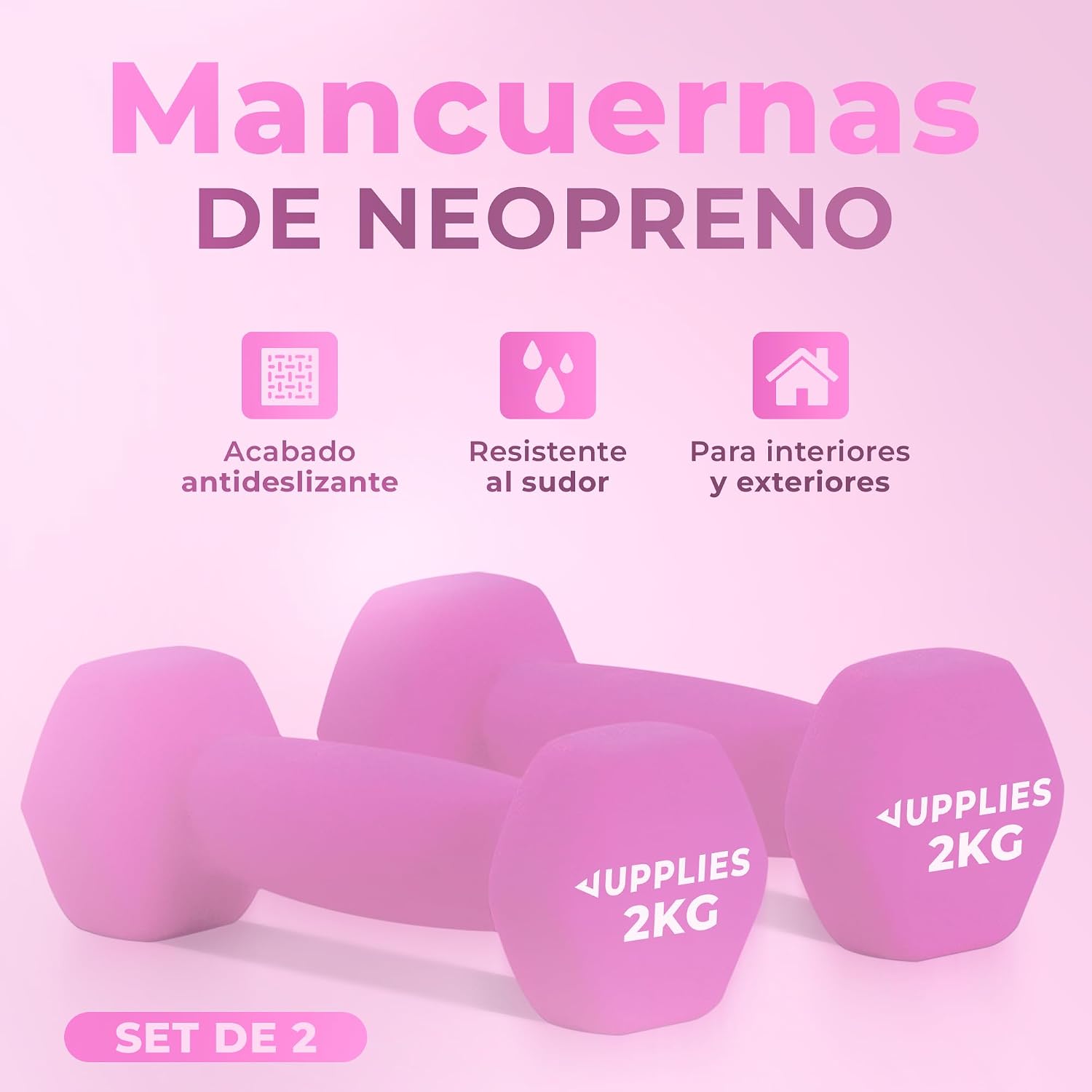 Detalle de JUPPLIES Juego de Mancuernas de Neopreno Rosa 2 x 2 kg – Antideslizantes, diseño hexagonal y compacto