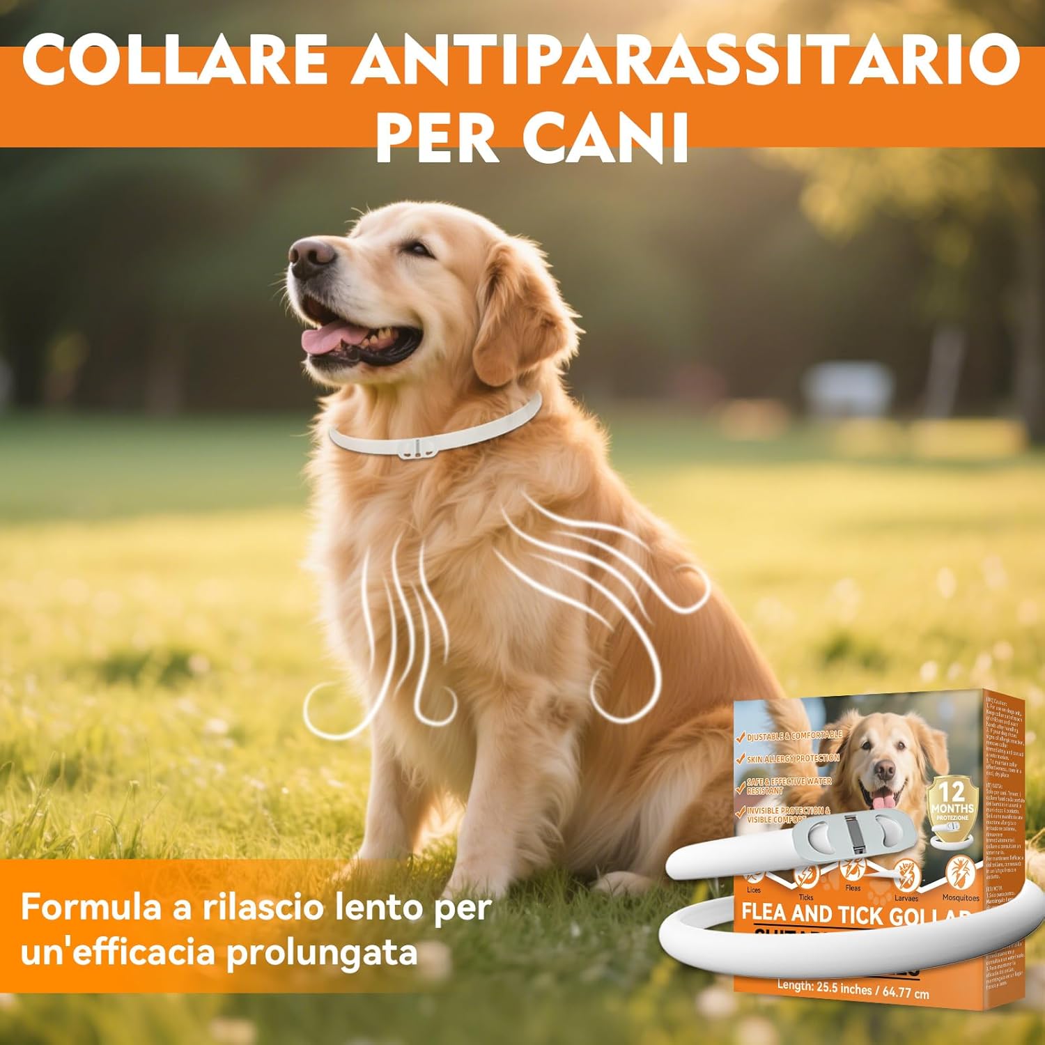 Detalle de Collare antiparassitario per cani Regolabile e Impermeabile – 65 cm, protezione 12 mesi