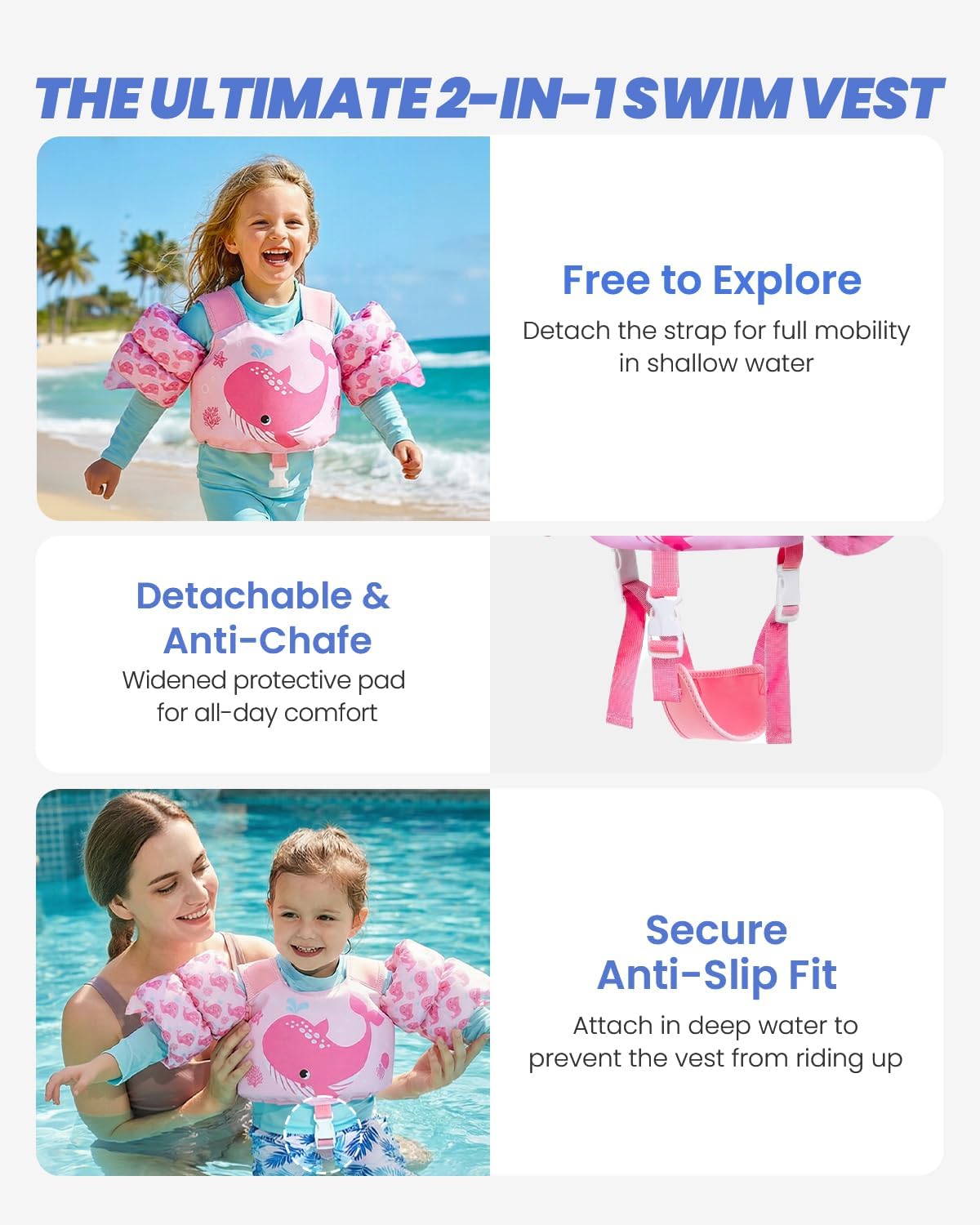 Detalle de Gogokids 2-in-1 Toddler Swim Vest Pool Floaties (ASTM F963-17 & CPSIA, 24–66 lbs) with Detachable Crotch Strap