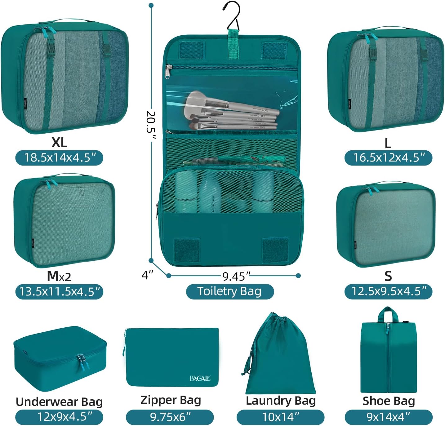 Detalle 2 de BAGAIL 10er-Set Packwürfel in verschiedenen Größen (Packorganizer) – Blaugrün