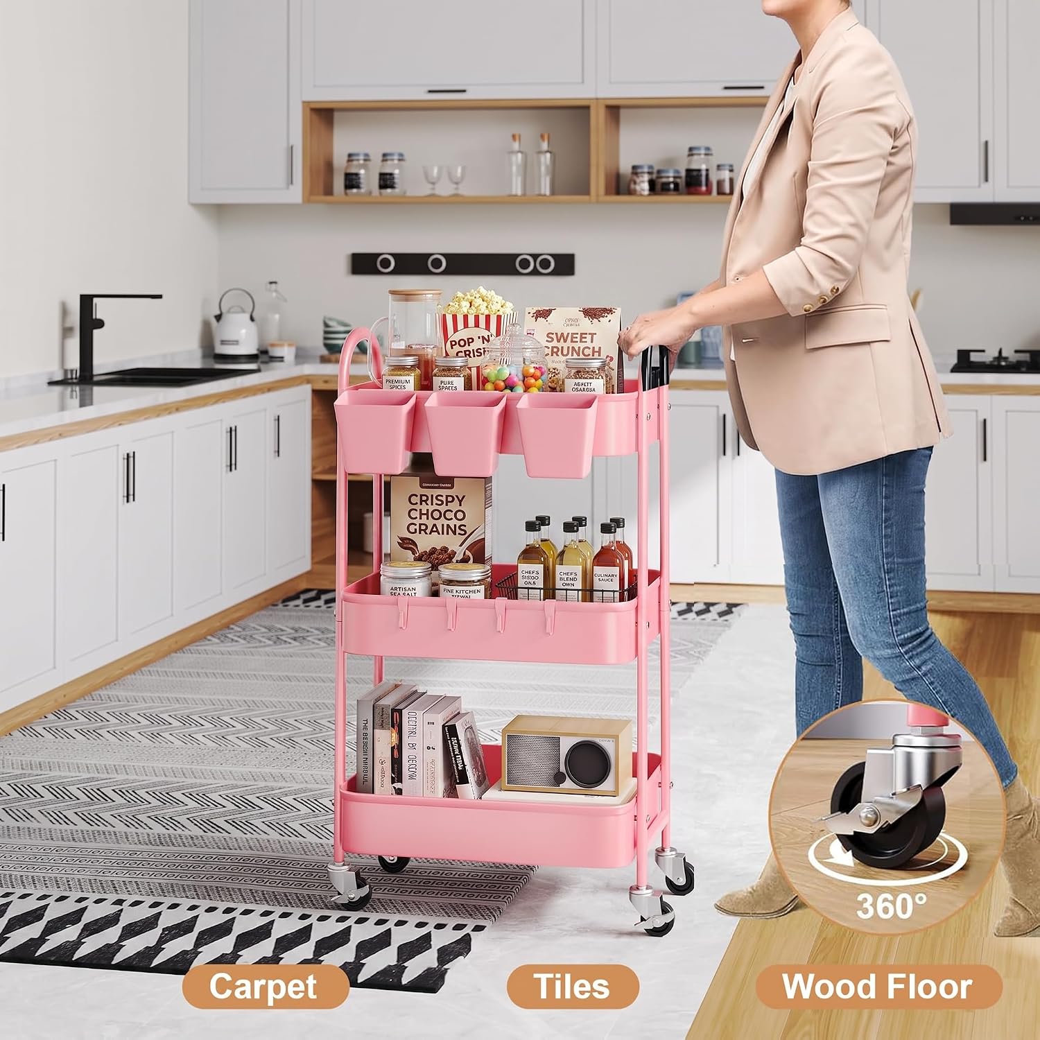 Detalle de Recximi Utility Carts Pink 3-Tier Metal Rolling Cart with Locking Wheels