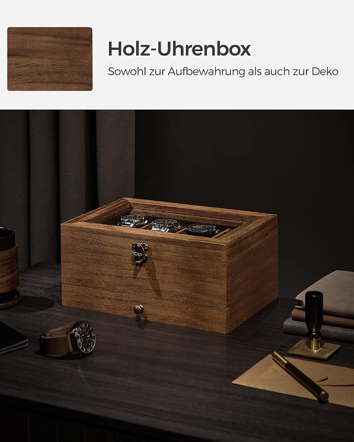 Detalle de SONGMICS GISELLA Kollektion: Uhrenbox mit 8 Fächern aus Massivholz, Glasdeckel und Walnussfinish (JOW008K01)