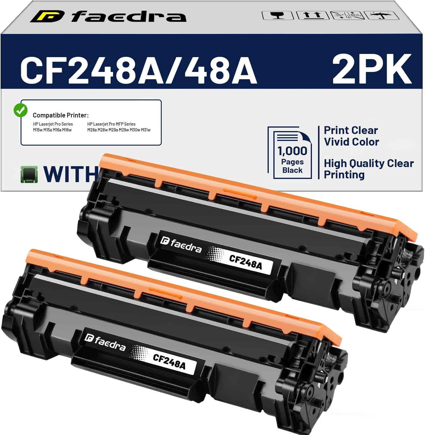 Detalle de Faedra CF248A 48A Black Toner Cartridges, 2-Pack with Upgraded Chip