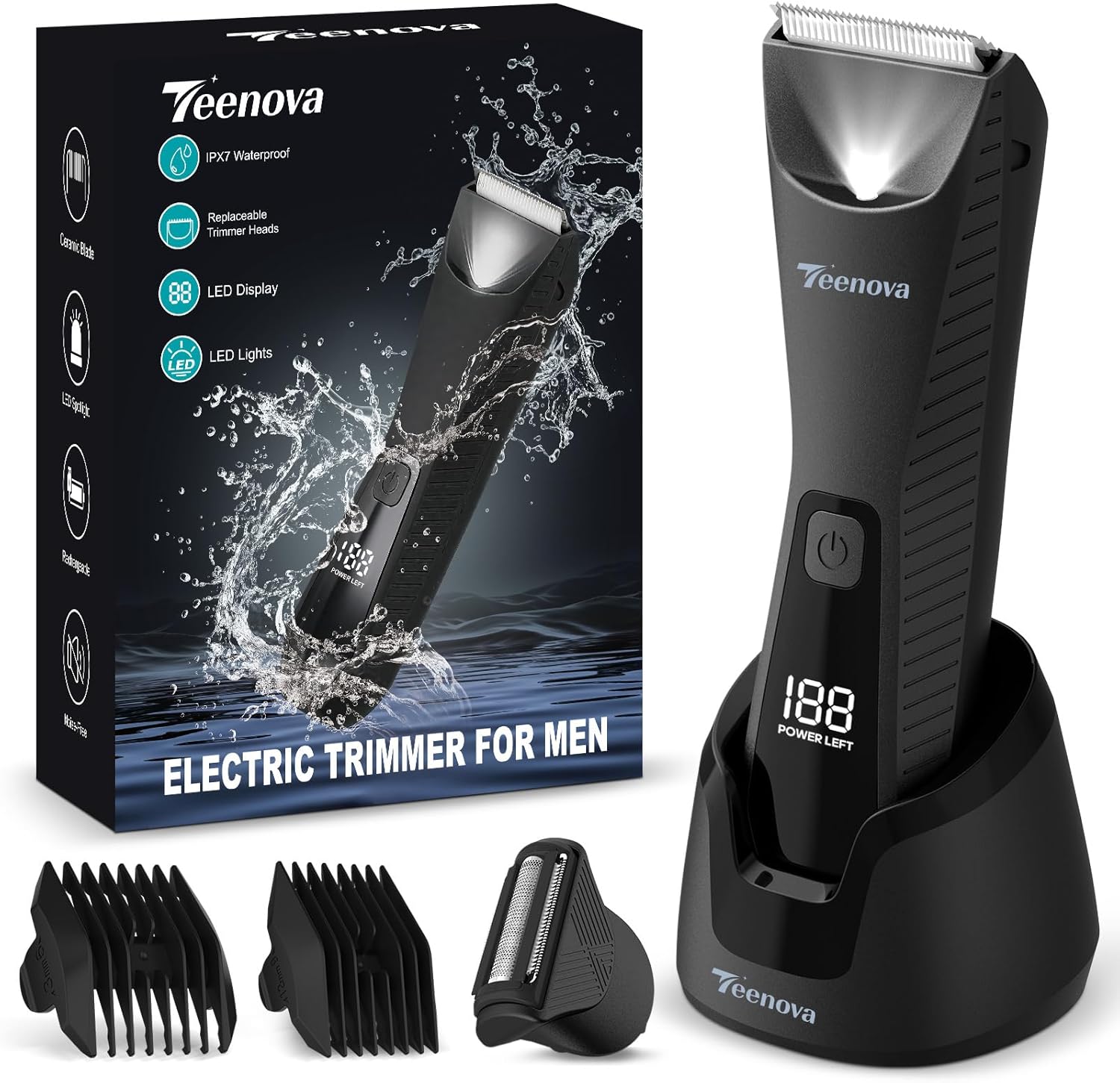 Detalle de TEENOVA Pubic & Body Hair Trimmer for Men — 2-in-1 Electric Ball Groin Shaver with Ceramic Blade