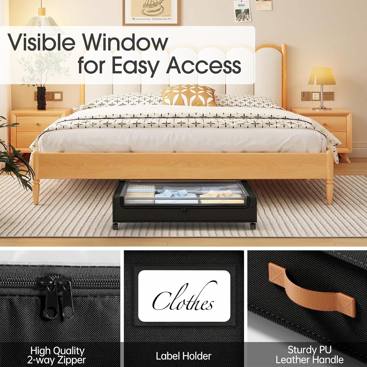 Detalle 2 de Yecaye 4-Pack Under-Bed Storage with Wheels, Clear Window and 66 lb Capacity