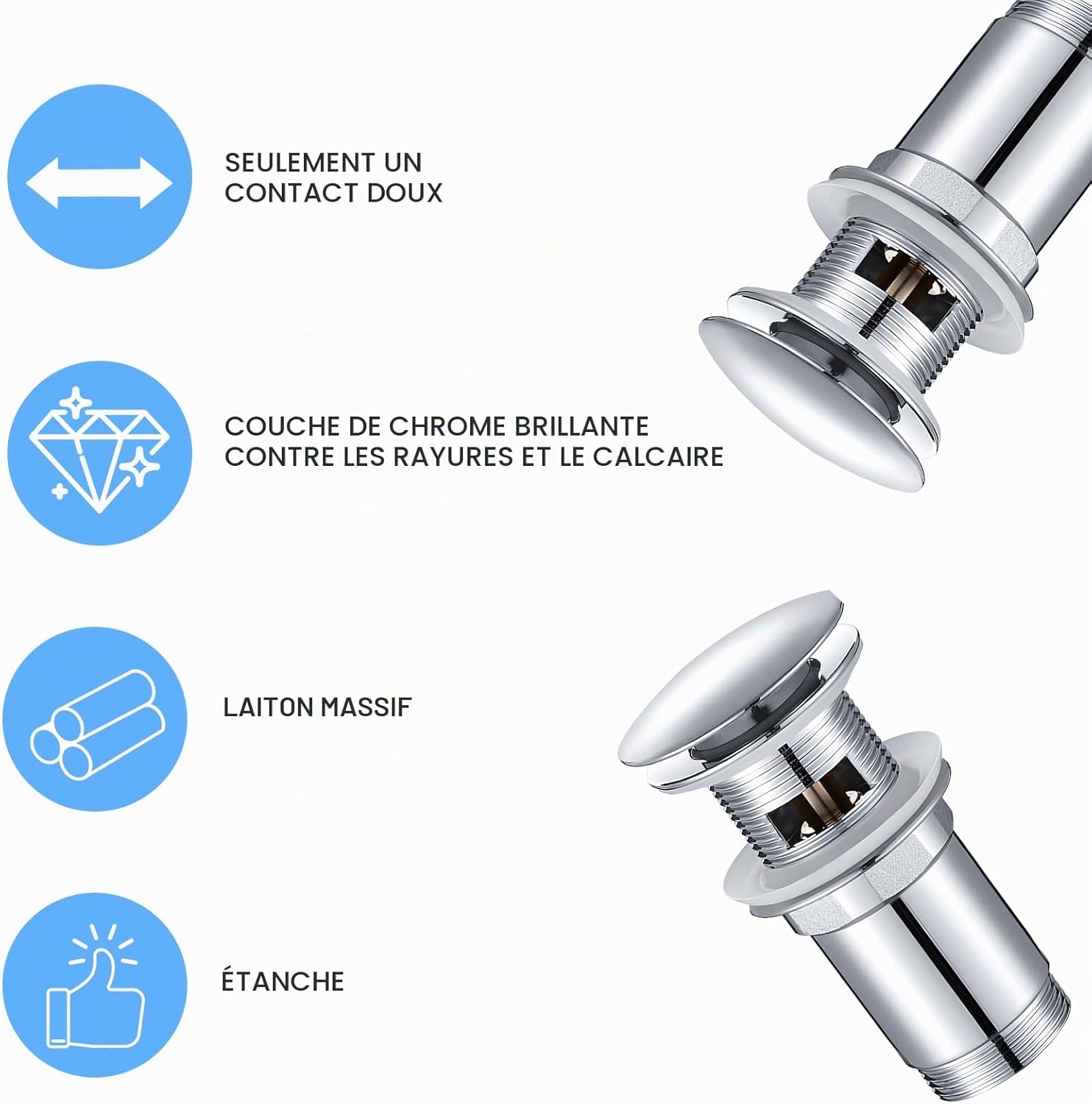 Detalle de SURFOU Bonde de Lavabo sans Trop-Plein avec Clapet Pop-up en Acier Inoxydable – Chromé Argenté