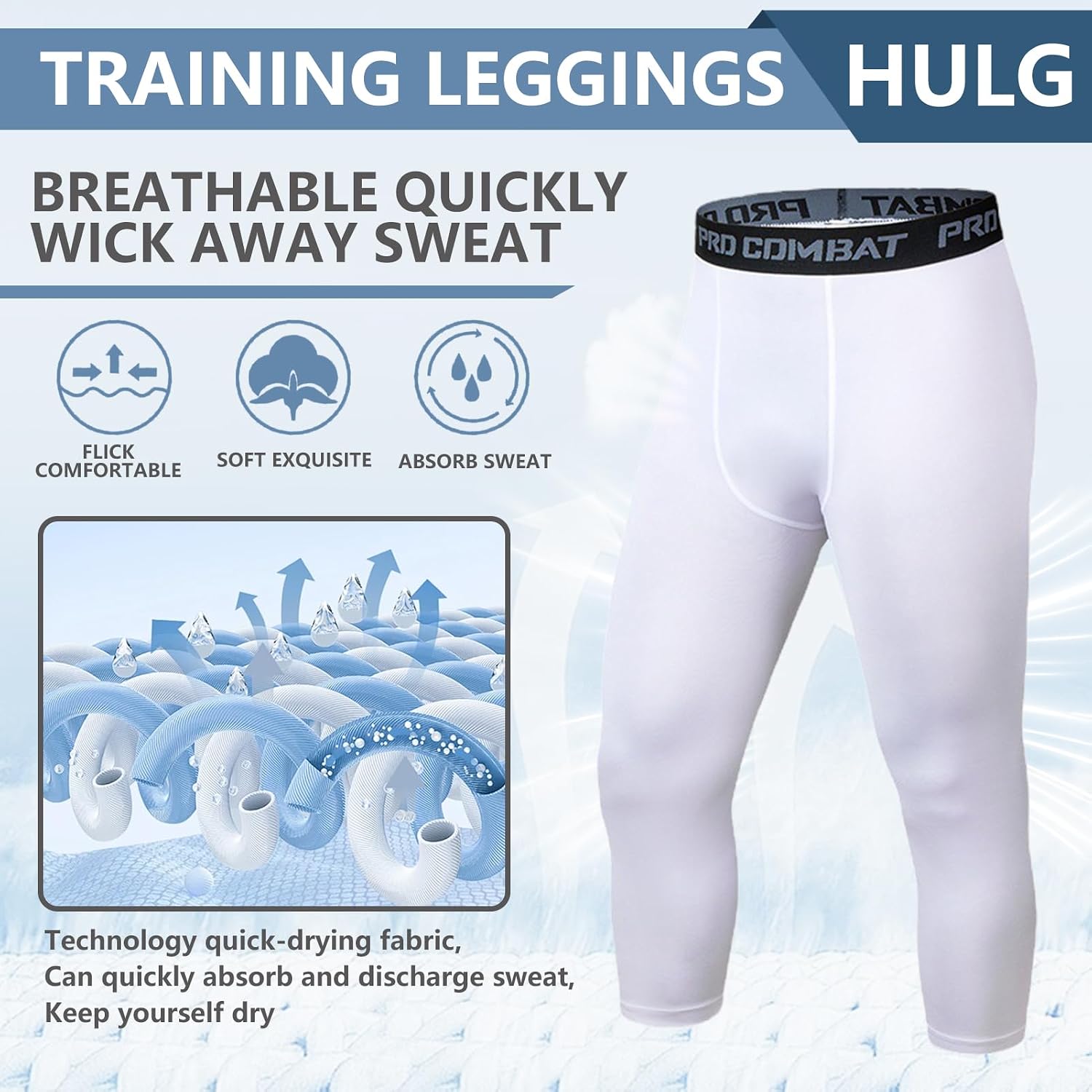 Detalle de HULG Kompressionshose Herren – 3/4 Sport-Leggings mit atmungsaktivem Funktionsstoff
