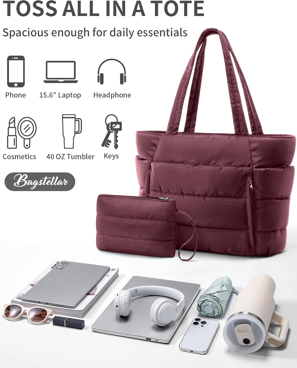 Thumbnail 6 de Bagstellar Puffer Tote Bag, 16-Pocket 20L Work Tote with 15.6-Inch Laptop Sleeve