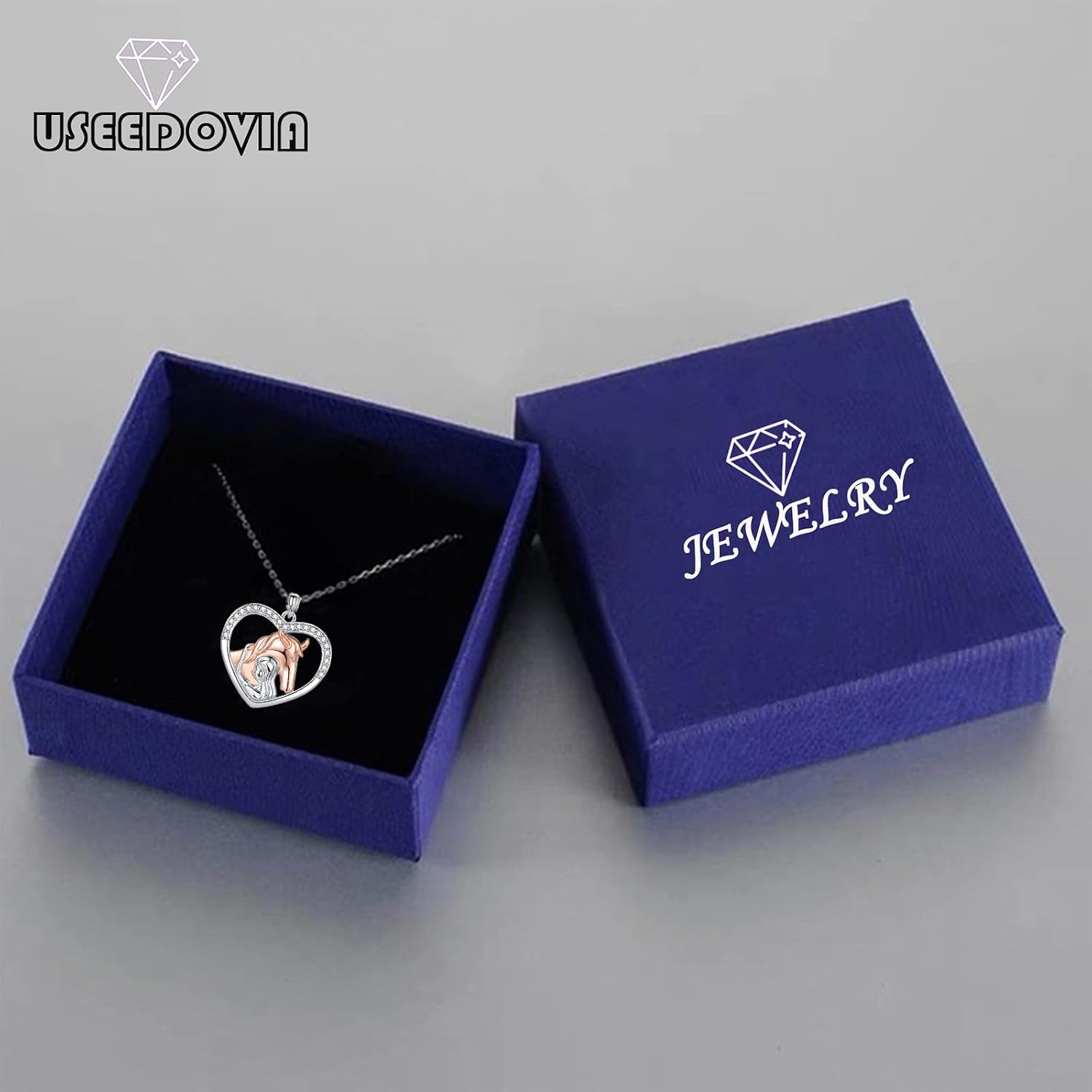 Detalle de USEEDOVIA Herz-Halskette für Mädchen – 925 Silber Weißgold/Rosegold, Pferde-Mädchen Geschenk mit Geschenkbox