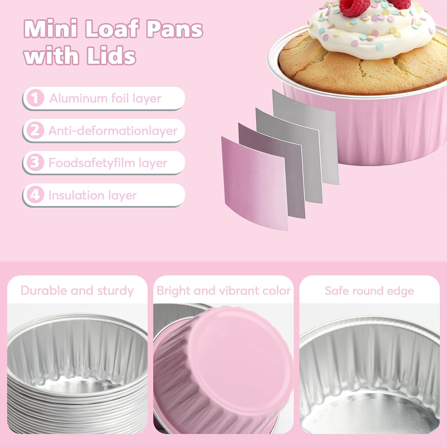 Detalle de Ruckae 5oz Round Mini Loaf Pans with Lids (100 pcs) – Pink