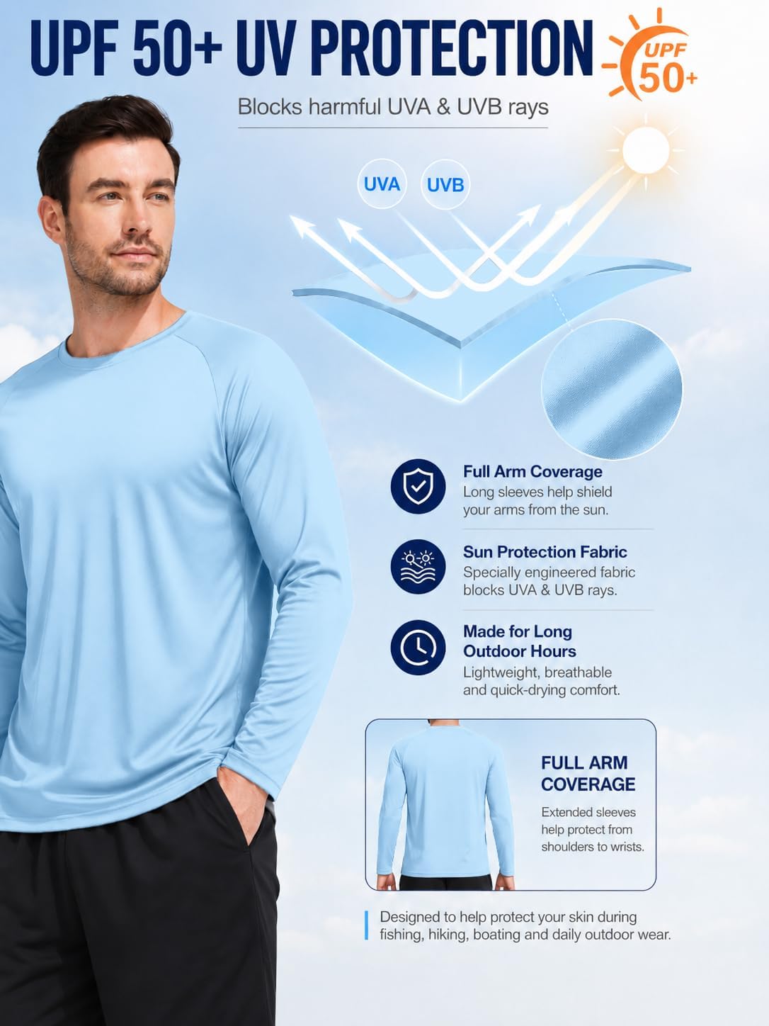 Detalle de Mens Sun Shirt UPF 50+ UV Protection 5 Pack: Long Sleeve Fast-Dry Athletic Tops