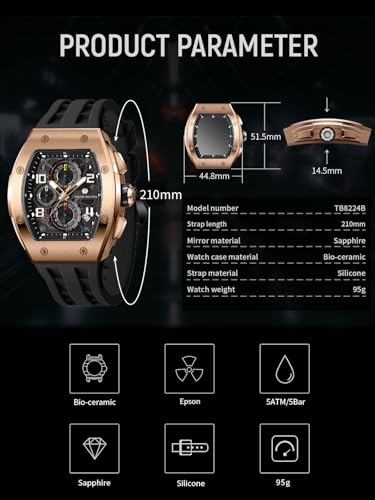 Detalle 2 de TSAR BOMBA 8224 Series Men’s Watch – Tonneau, Black, Rose Gold, Sapphire Chronograph