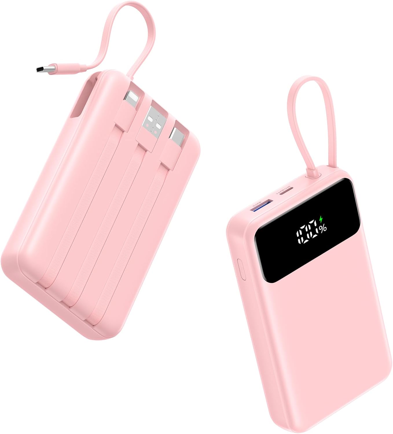 Detalle de A ADDTOP 20000mAh Power Bank – Ultra kompakt mit 4 integrierten Kabeln und 22,5W Schnellladen, Rosa