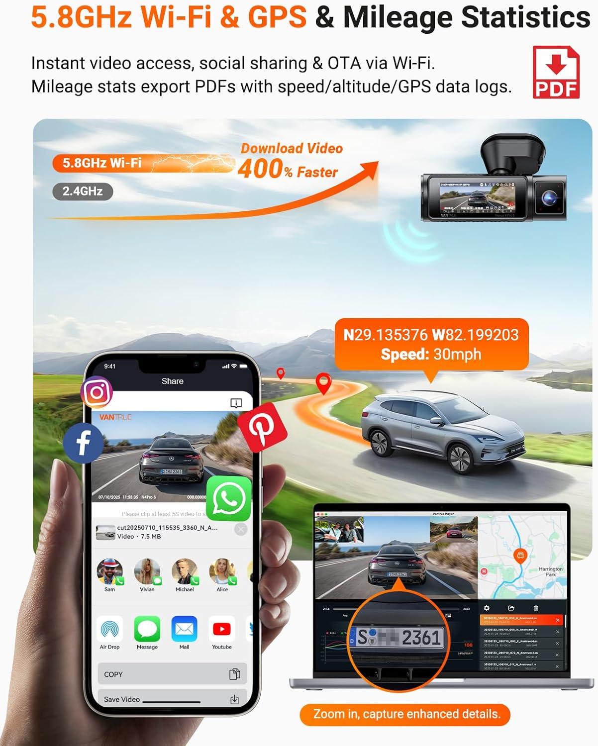 Detalle de Vantrue N4 Pro S 4K 3-Channel Dash Cam: Front, Rear, and Inside with STARVIS 2 Night Vision