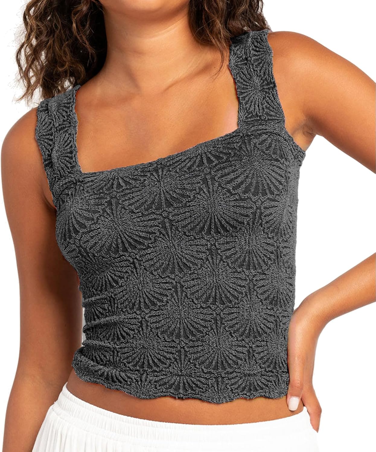 Thumbnail 5 de Women's Square Neck Wide Strap Crop Tank Tops with Flower Embroidery