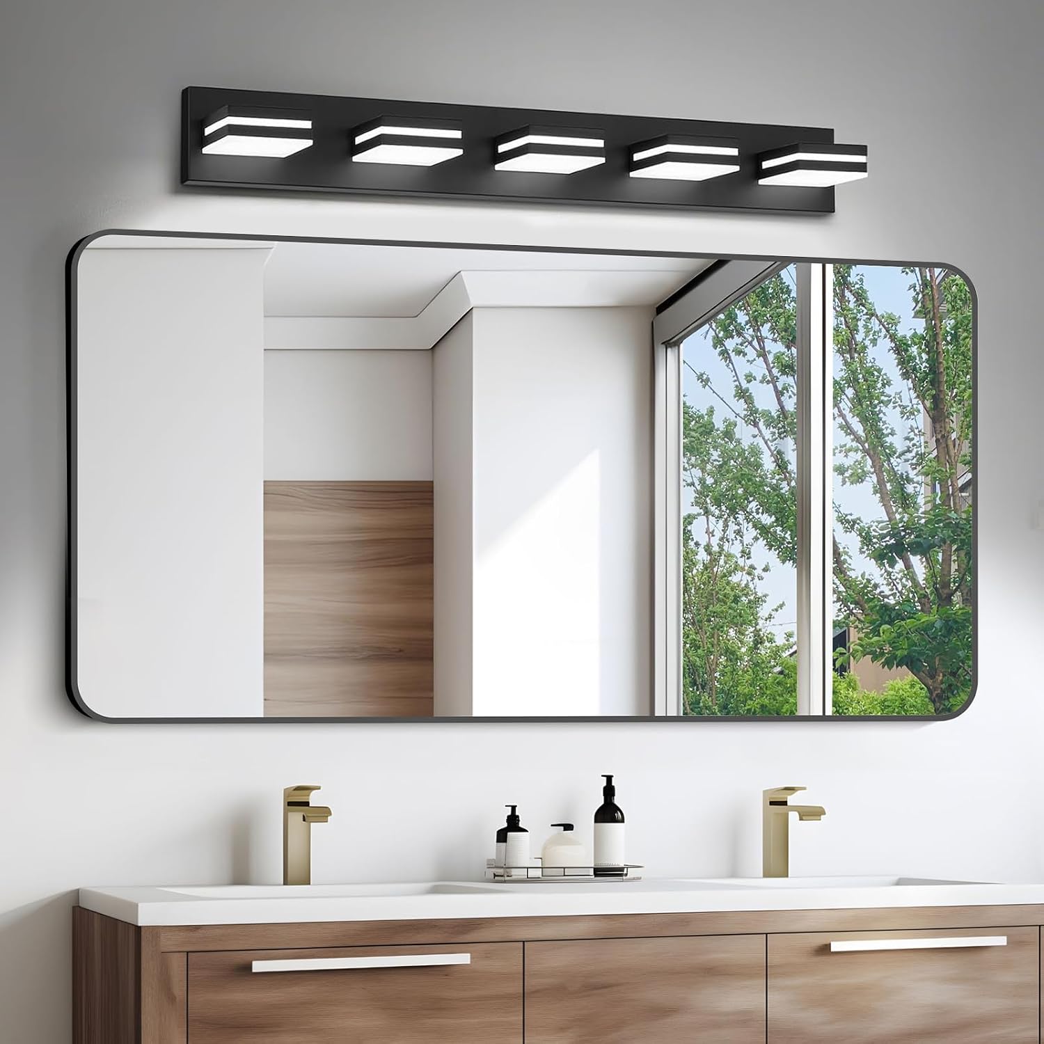 Detalle 2 de IZORRO LED Modern Bathroom Lights Fixtures (5-Light, Dimmable, 360° Rotate) — Matte Black Vanity Lights for Over Mirror (30In, 6000K, No Assembly Required)
