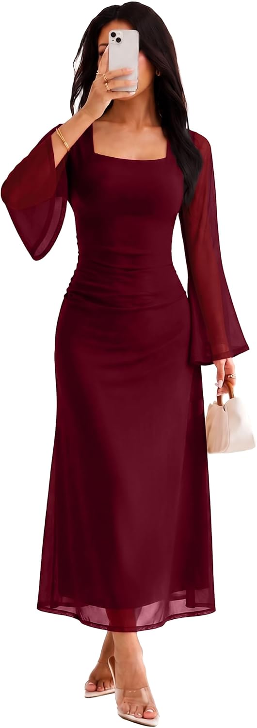 Detalle 2 de Sipaya Bodycon Maxi Dress with Square Neck, Sheer Sleeves and Ruched Waist