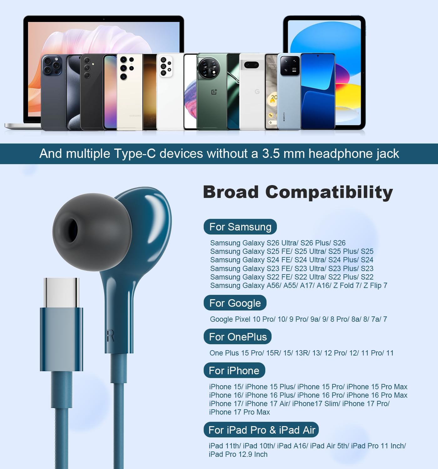 Detalle de AILZPXX 964 USB-C Earbuds, Magnetic In-Ear Headphones with Mic