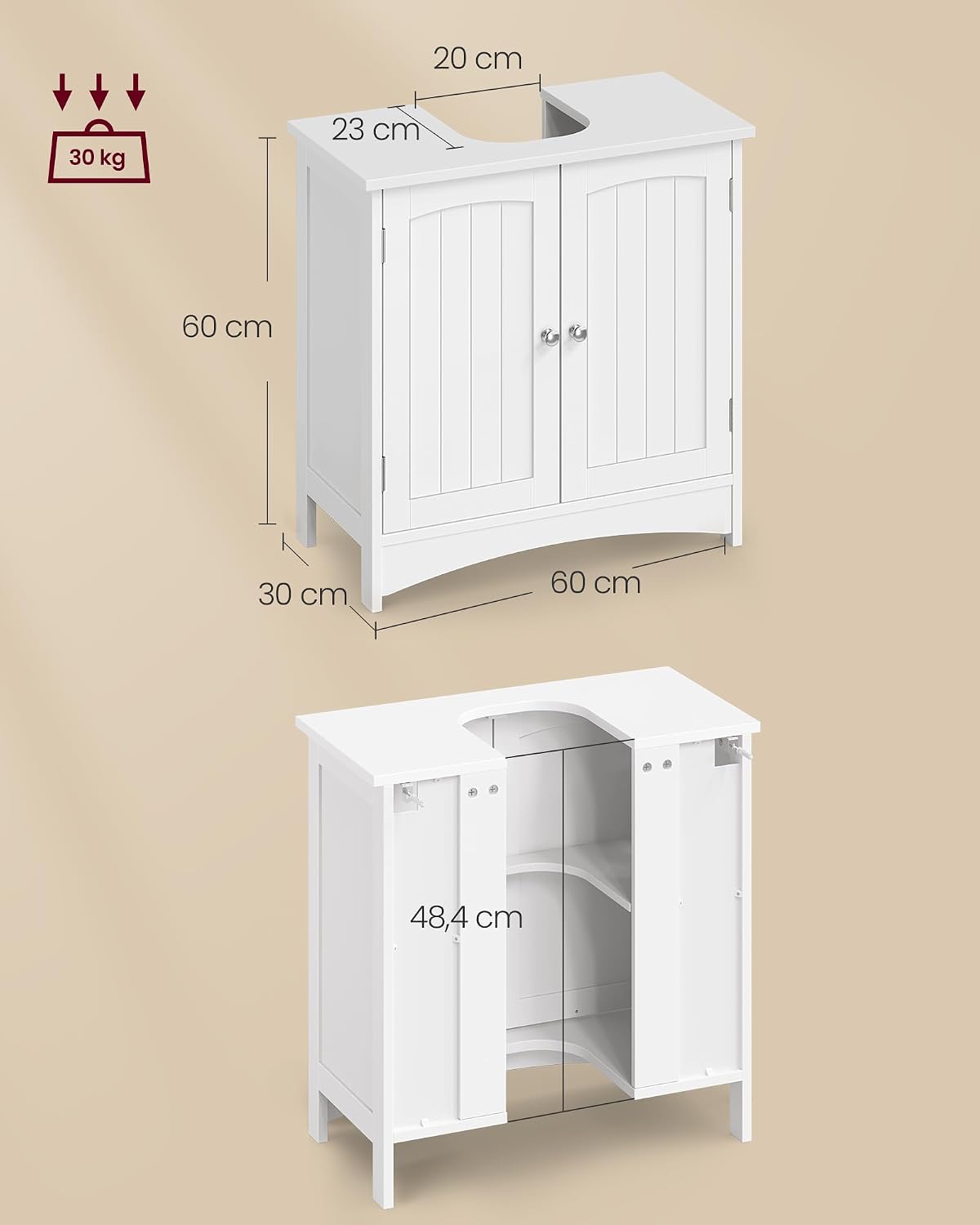 Thumbnail 2 de VASAGLE Mobile Sottolavabo con 2 Ante – 30 x 60 x 60 cm, Bianco Nuvola BBC100WH01