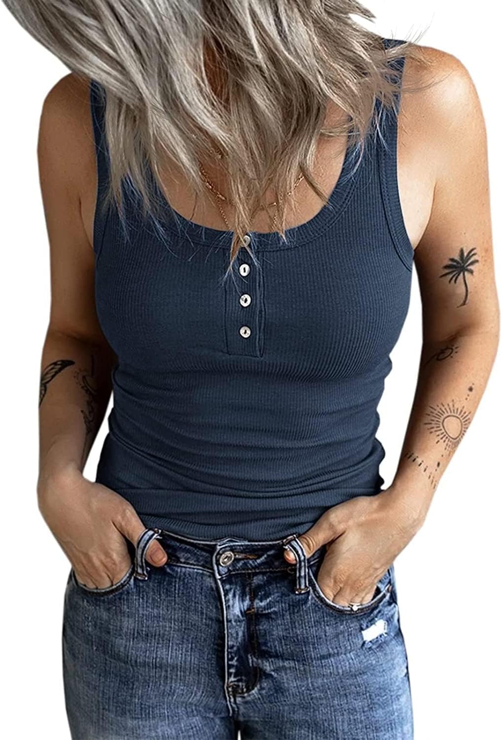 Thumbnail 5 de Fessceruna Damen Tanktop mit U-Ausschnitt, Knöpfen und gerippter Struktur