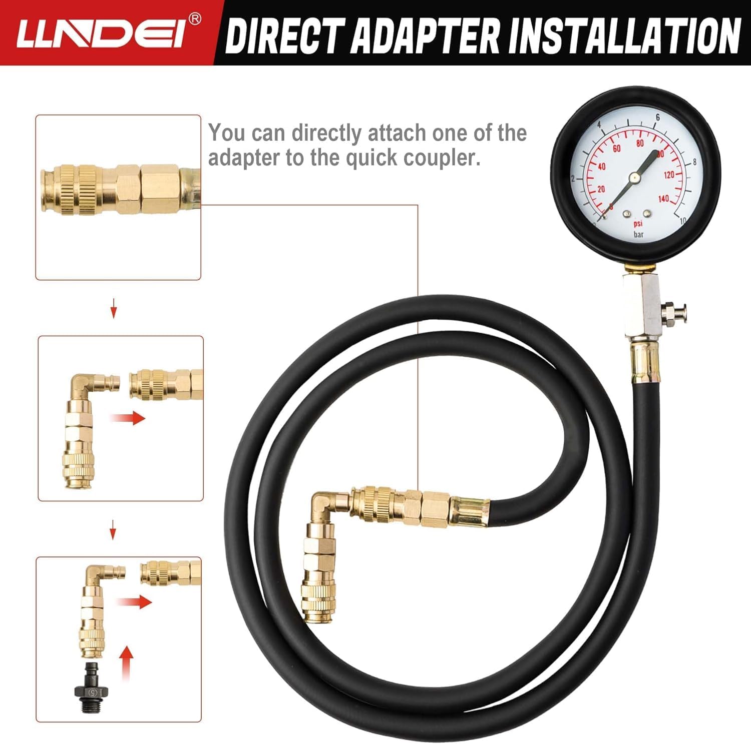 Detalle 2 de LLNDEI Oil Pressure Tester Tool 0-140 PSI: Engine Oil Gauge Kit with 4 ft Hose and 90° Fitting