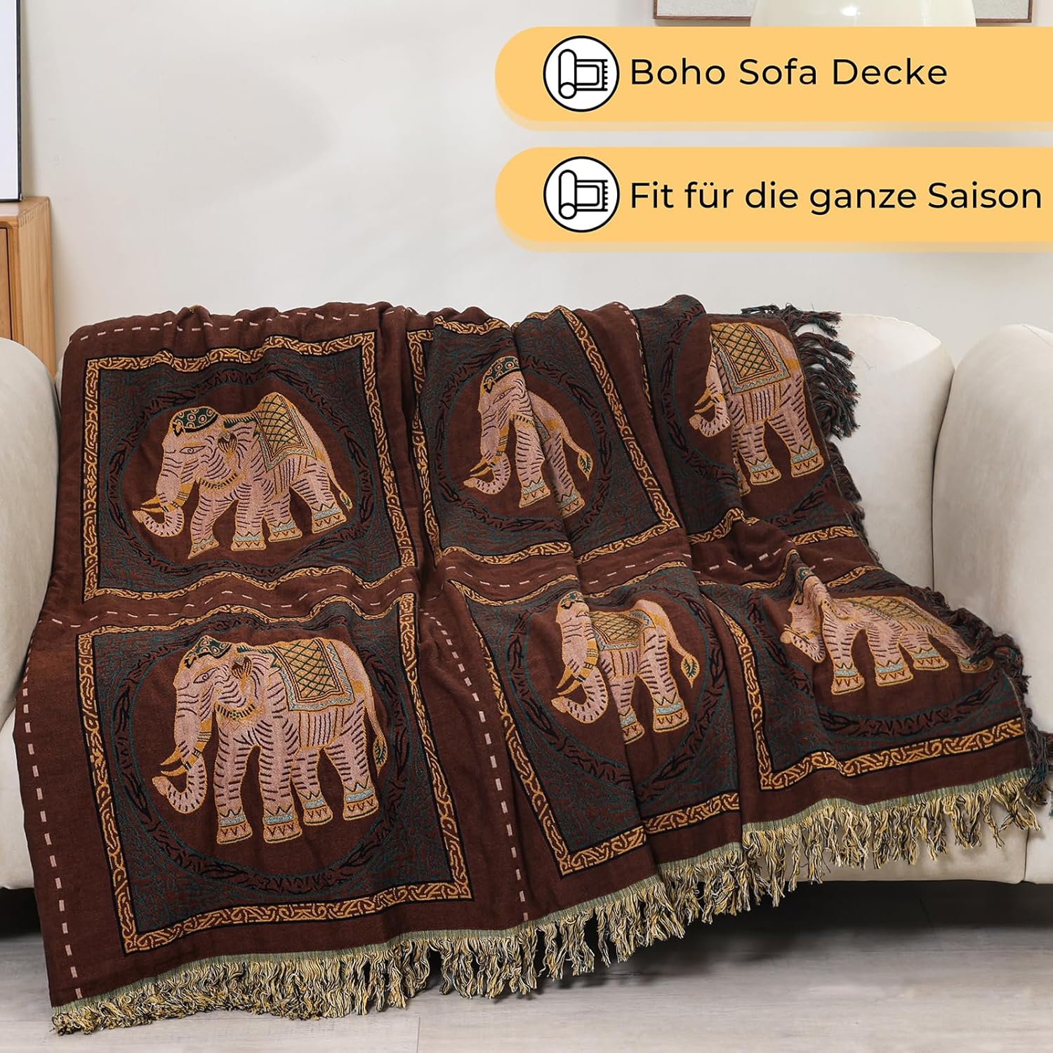 Thumbnail 5 de HOORDRY Boho Musselin-Decke aus 100% Baumwolle (doppelseitig) 200x230 cm – Elefantenaufdruck in Braun