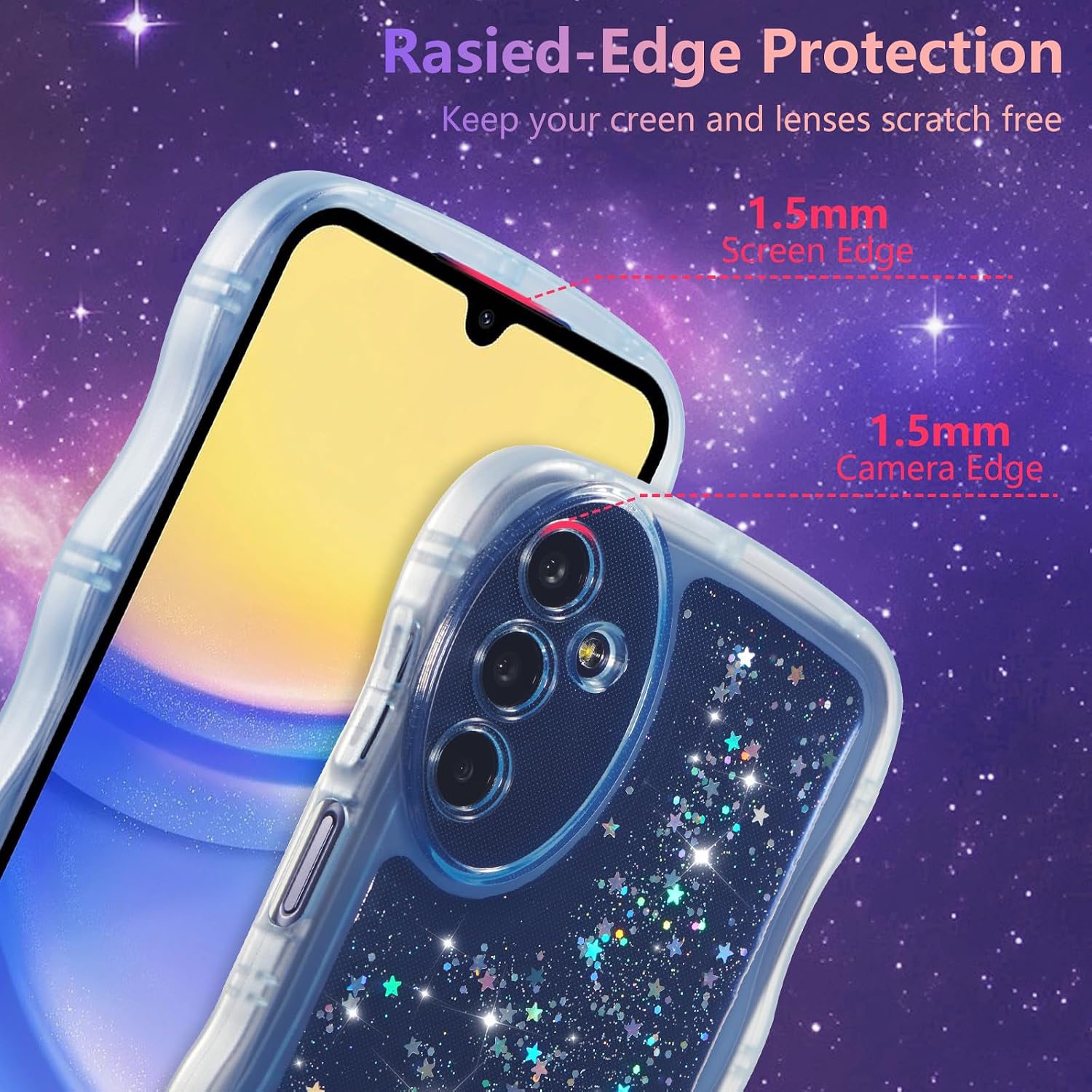 Thumbnail 2 de ZTOFERA Clear Curly Wave TPU Case for Samsung Galaxy A14 4G/5G (6.6-inch) – Blue Sparkle Star Glitter
