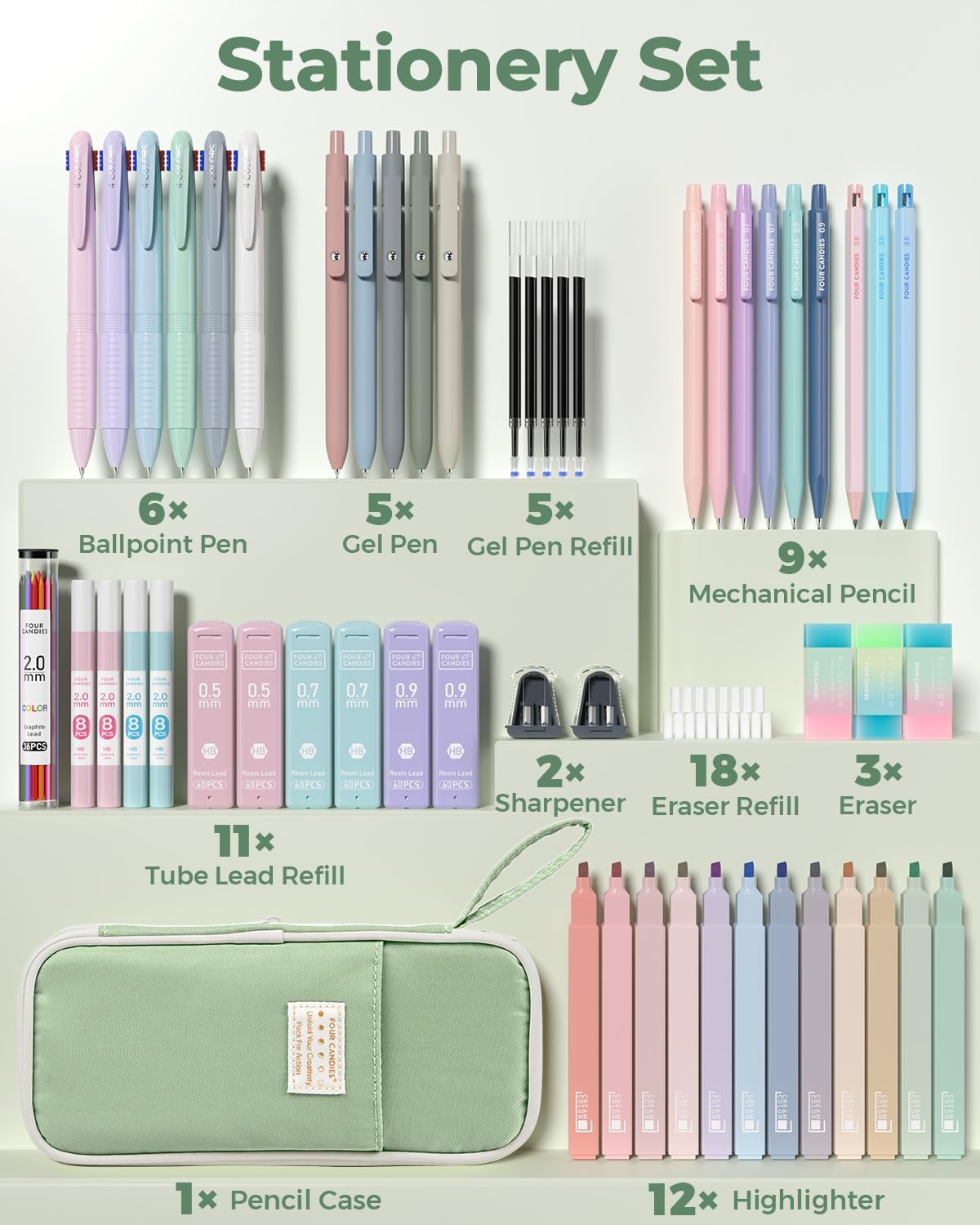 Detalle 2 de Four Candies 56 PCS Ästhetisches Schulmaterial mit grünem Federmäppchen