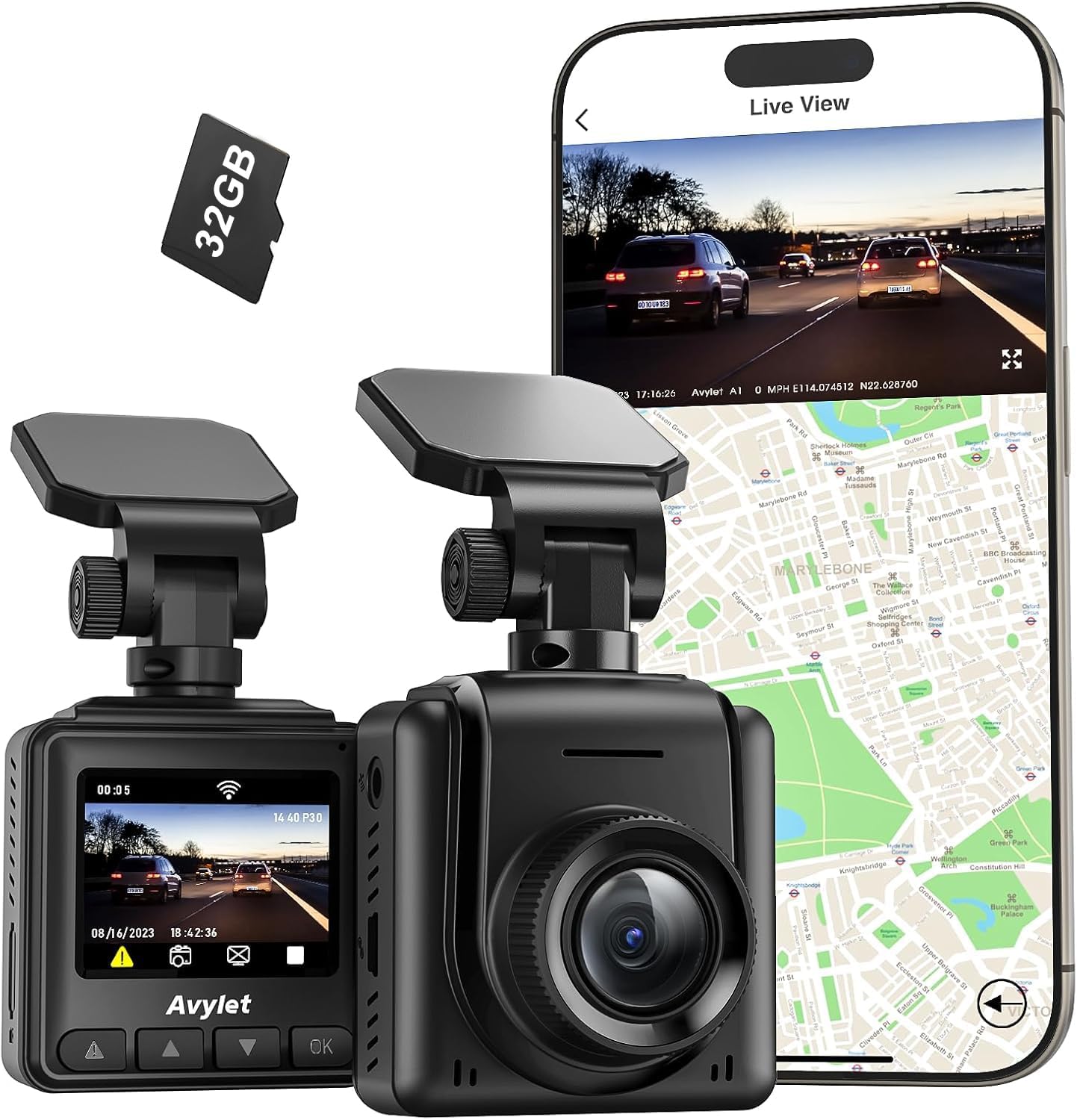 Avylet 2K Dash Cam 64 GB, videocamera per auto 170°