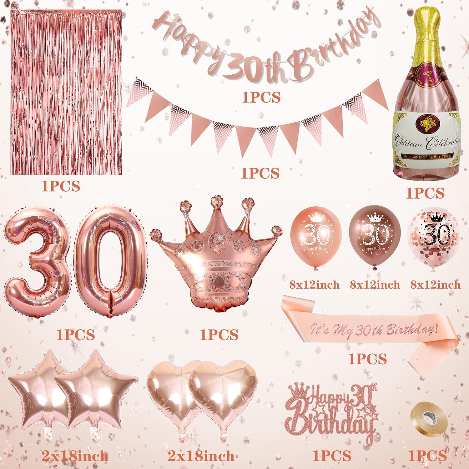 Detalle de Rose Gold 30th Birthday Decoration Set for Women – Happy 30th Birthday Banner, Triangle Flags, “30” Foil Balloons & More