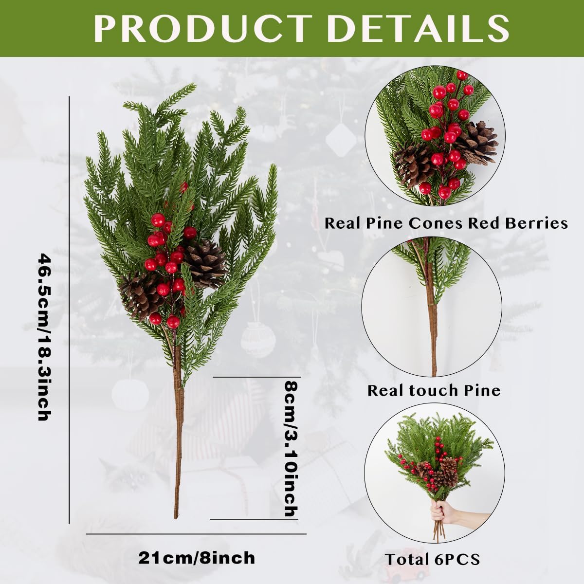 Detalle 2 de HBell 6Pcs Norfolk Pine Stems, 18" Real Touch Artificial Pine Branches with Pine Cones and Red Berries