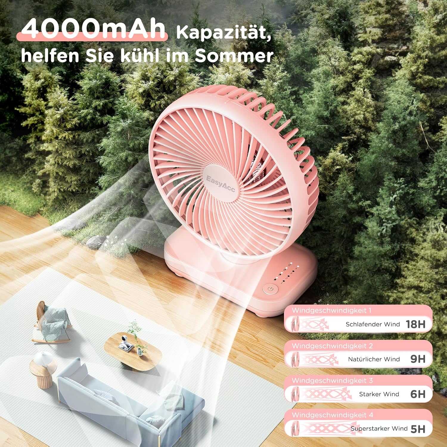 Thumbnail 1 de EasyAcc Tischventilator 4000 Akku – Tragbarer USB Tischventilator Rosa (13,8 x 7,5 x 18,3 cm, 296 g)
