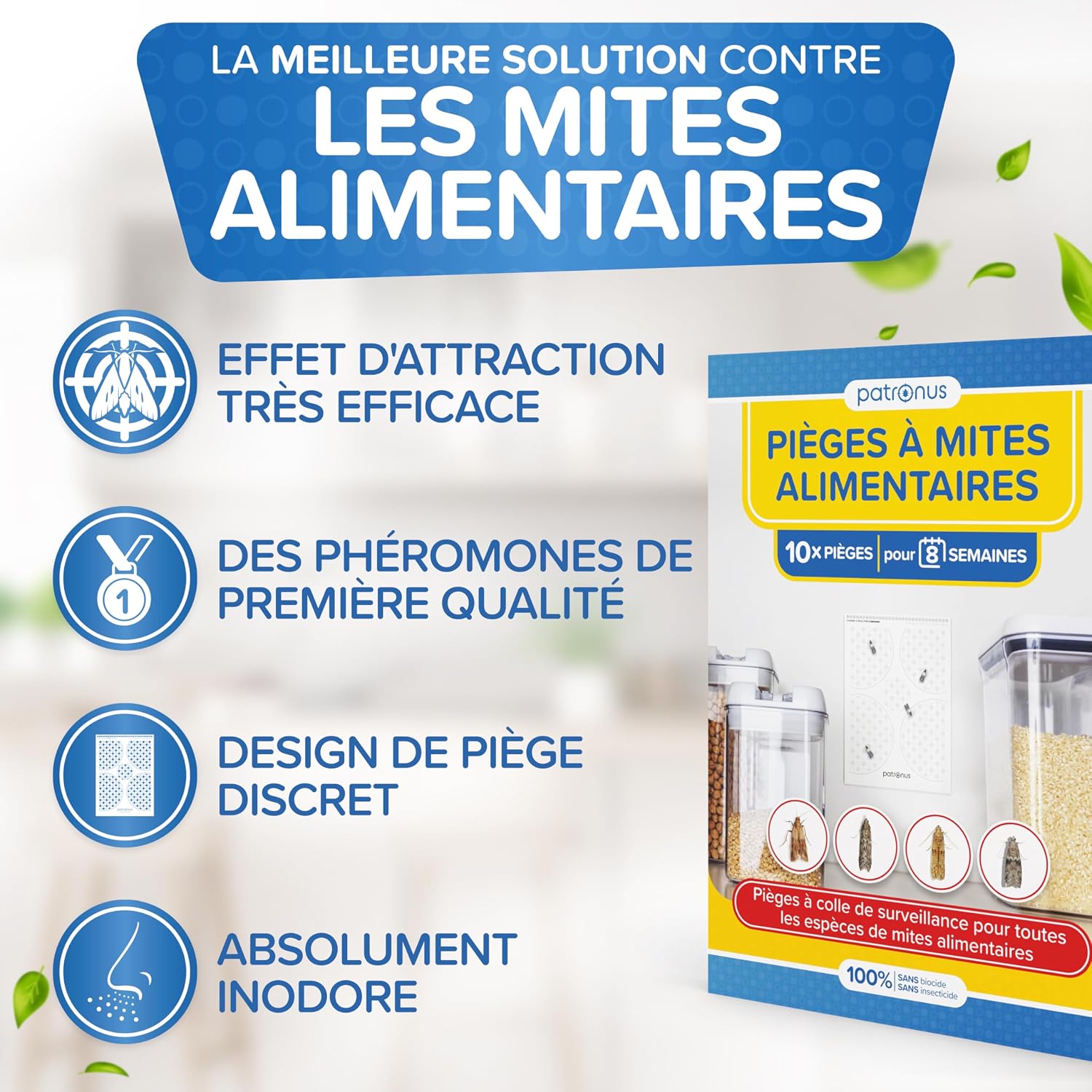 Detalle de Piège à Mites Alimentaires Patronus – Pack avantageux de 10 pièges adhésifs à phéromone, attraction maximale