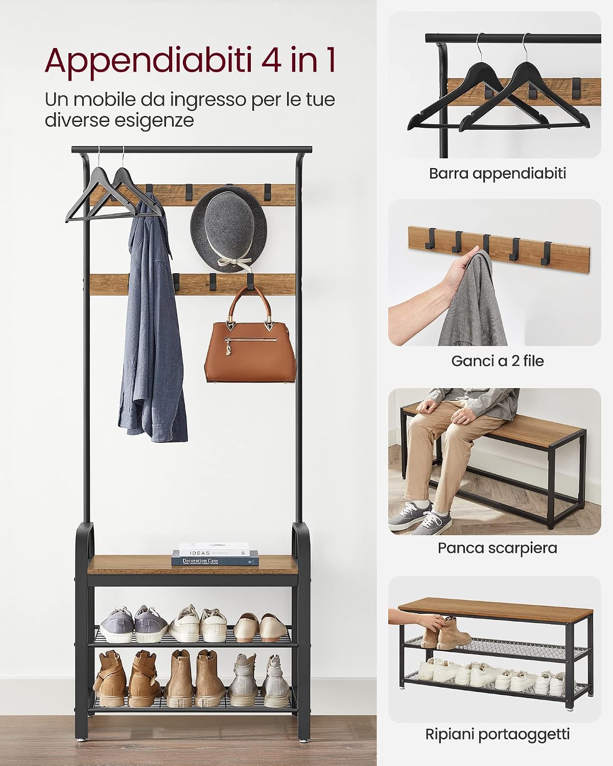 Detalle de VASAGLE Appendiabiti con scarpiera e panca HSR040B41, 4 in 1 per ingresso con 9 ganci rimovibili