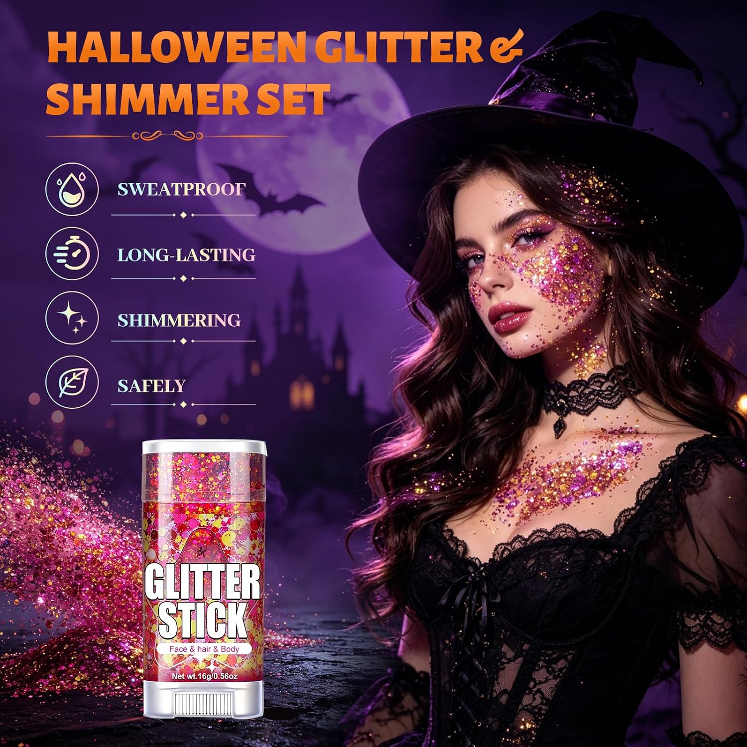 Detalle 1 de AROIC Glitter Stick 6p-Halloween, 6-Color Face & Hair Glitter Set