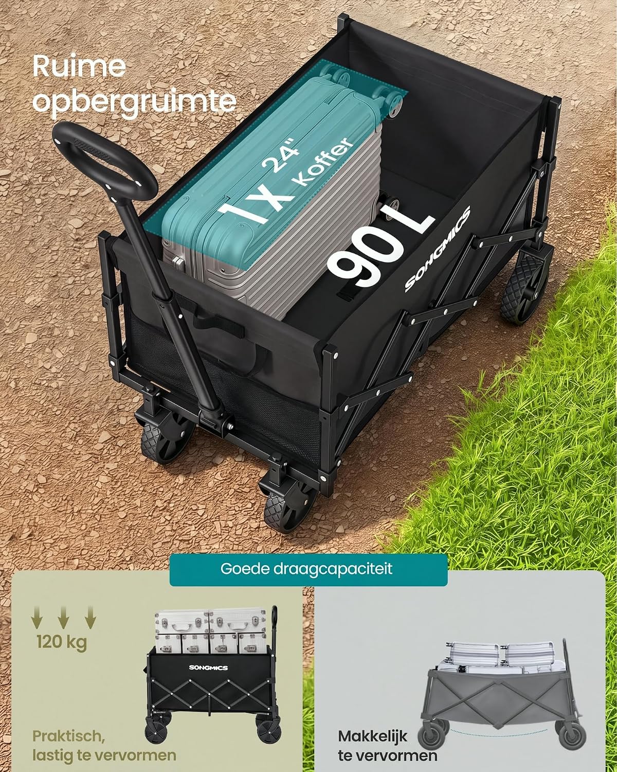 Detalle de SONGMICS GFW909B01 opvouwbare handkar, 90 liter, met vier wielen