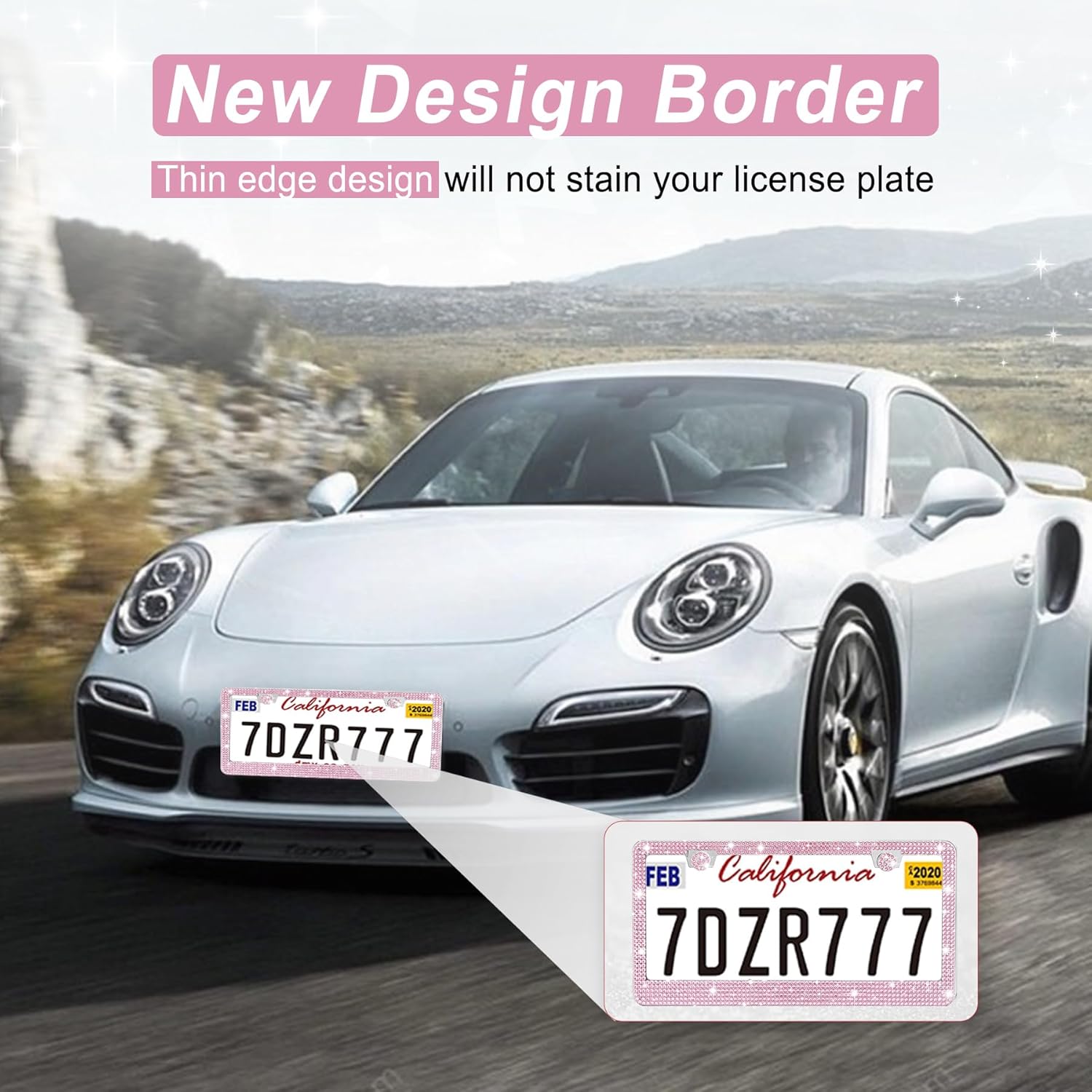 Detalle 2 de Amiss Bling women’s license plate frame (2-pack) with rhinestone sparkle caps – Pink stainless steel