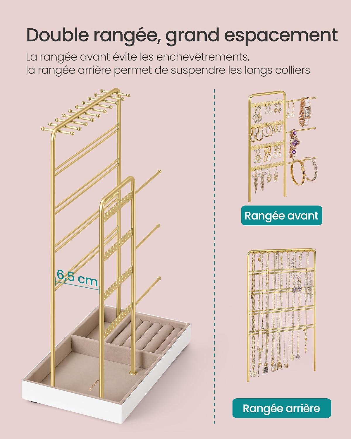 Detalle de SONGMICS Porte-bijoux JJS028A01: Organisateur élégant en métal avec velours pour colliers, bracelets, boucles d’oreilles et bagues