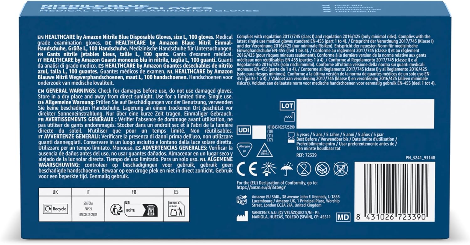 Detalle de By Amazon Gants Bleus Jetables en Nitrile, Non Poudrés, Taille L, Lot de 100