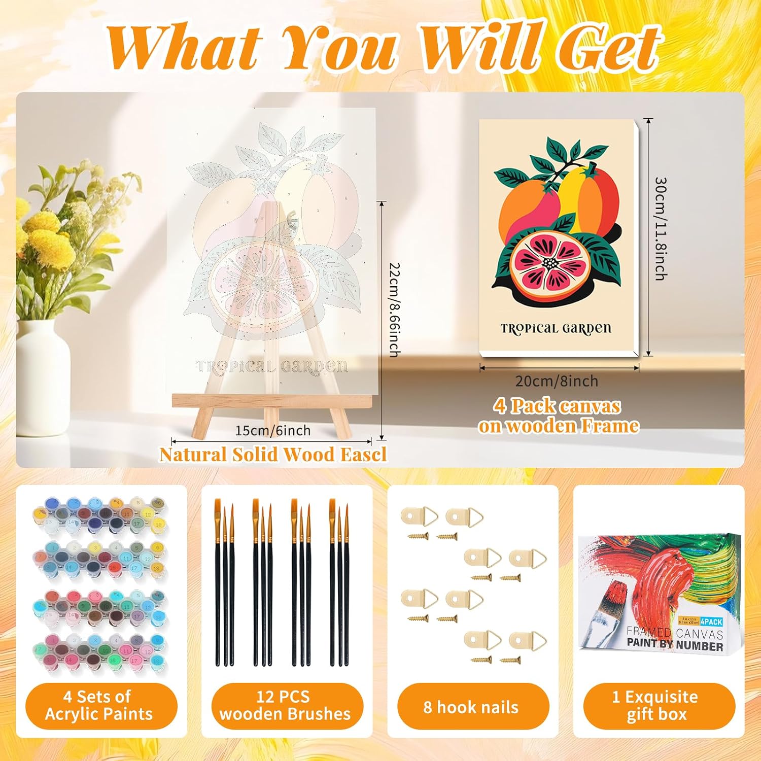Thumbnail 2 de GEEHEIY 4 Pack Framed Paint by Numbers for Adults – Fruit Themed DIY Kit (20 x 30 cm), Includes Frames, Acrylic Paints and Accessories