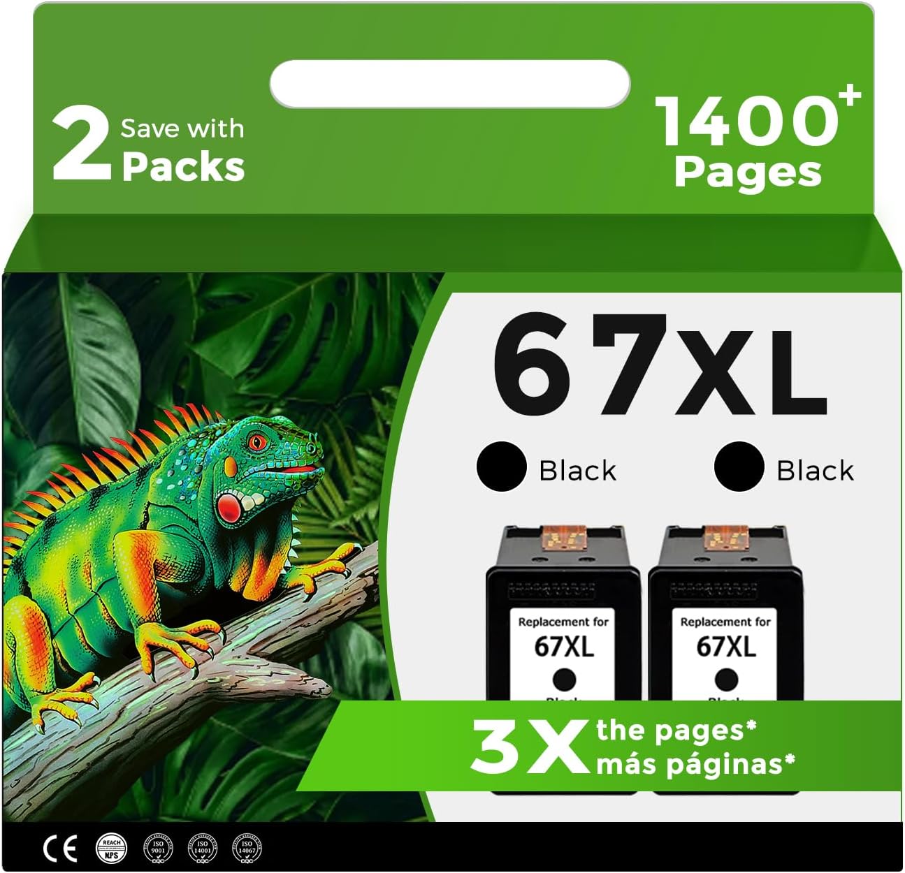 Relcolor 67XL Black Ink Cartridge Replacement (HP 67XL) — 2 Pack