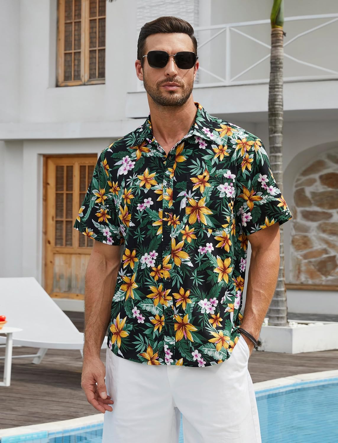 Thumbnail 1 de HISDERN Funky Hawaiihemd Kurzarm mit Vordertasche – lockere Passform, 100% Baumwolle