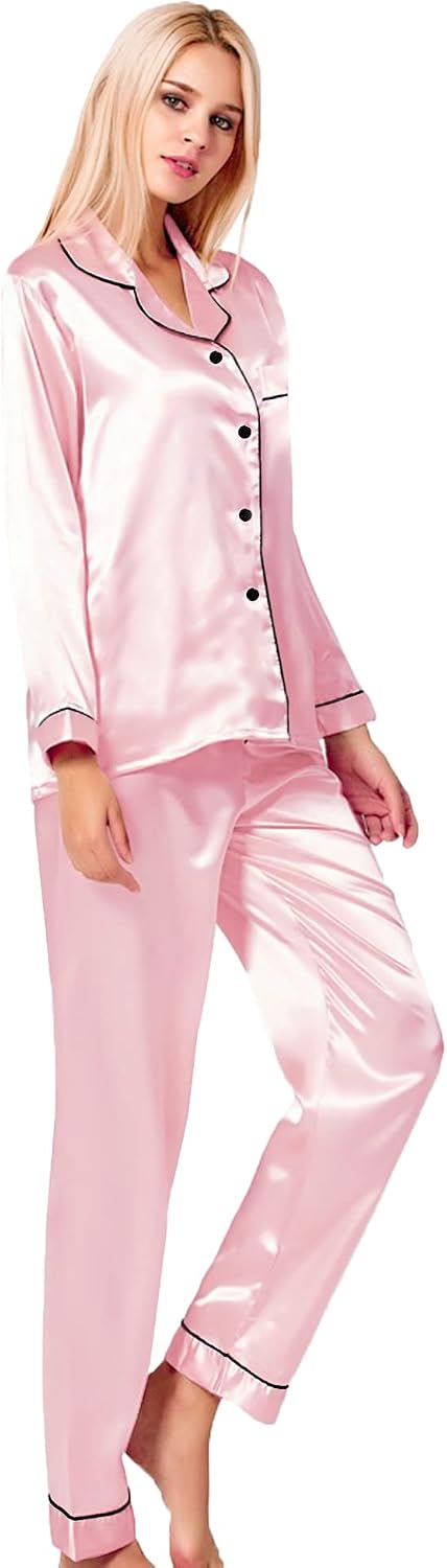 Detalle de SWOMOG Women's Silk Satin Long Sleeve Two-Piece Pyjama Set