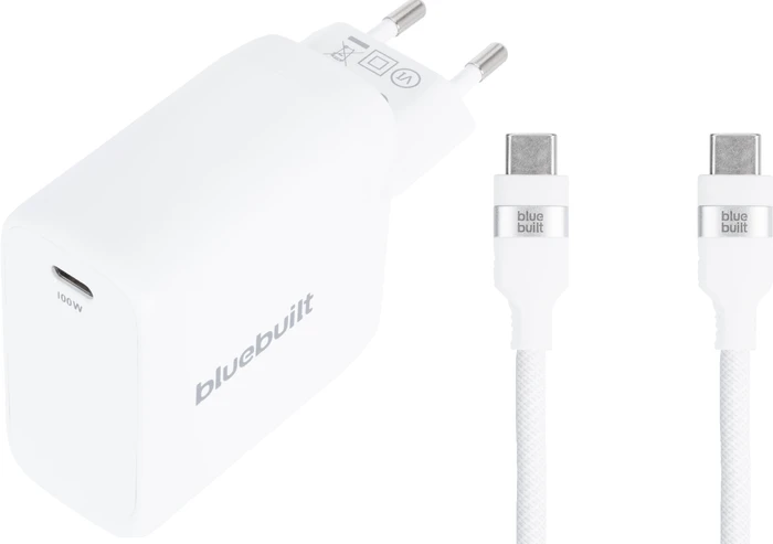 Thumbnail 3 de BlueBuilt 100 W GaN USB-C-Ladegerät (Weiß) + USB-C-Kabel 240 W, 2 m (Nylon)