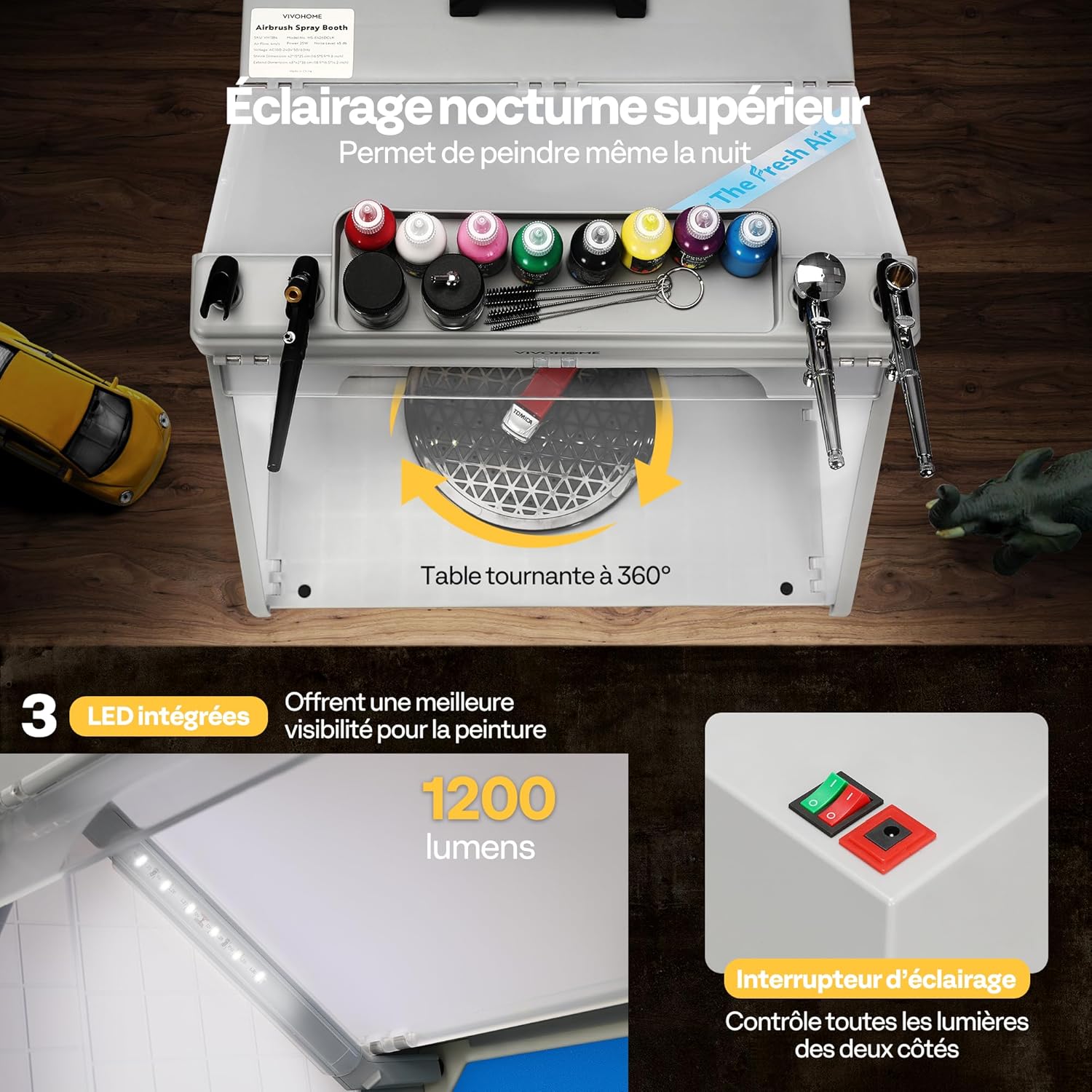 Thumbnail 5 de VIVOHOME Kit cabine de peinture pour aérographe portable avec éclairage LED et extraction
