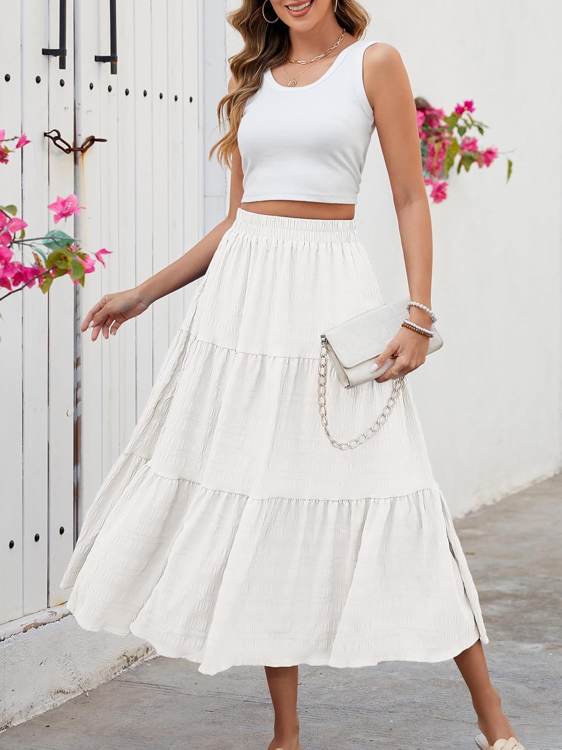 Thumbnail 2 de HUSKARY Women’s Summer Casual Elegant Smock Layered Tiered Maxi Skirt with Pockets
