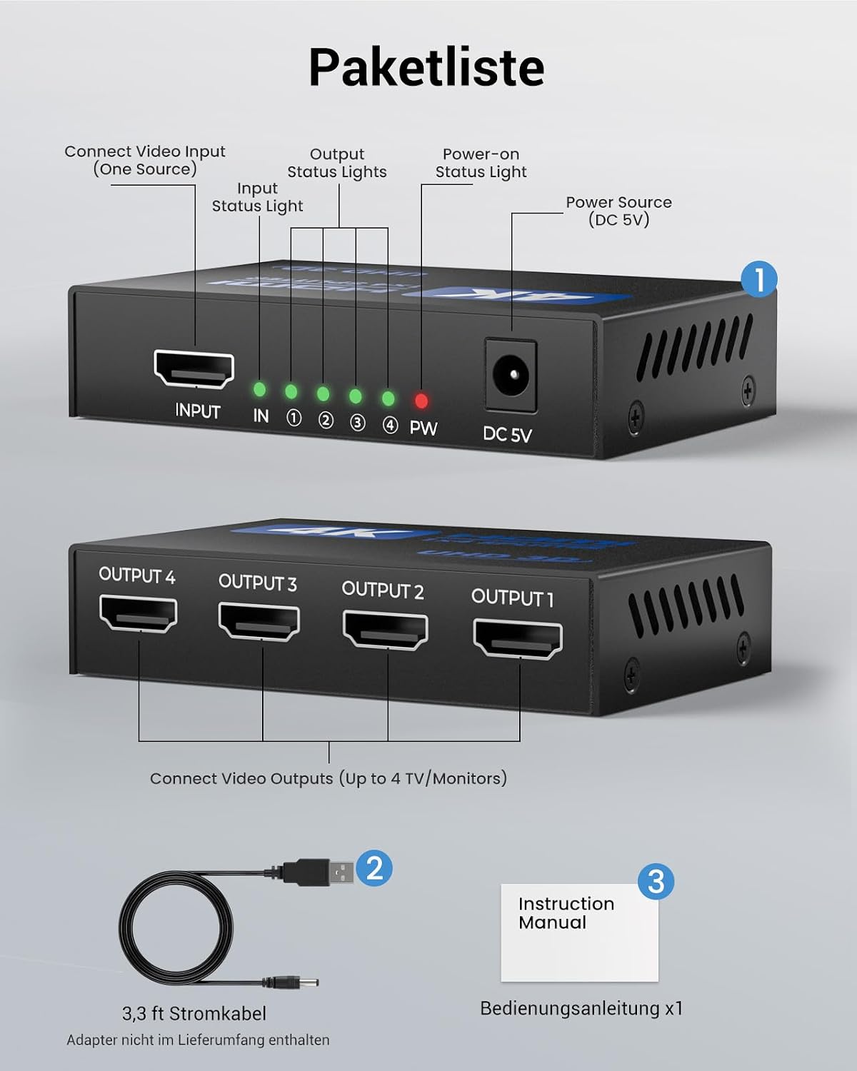 Detalle de 4K HDMI Splitter 1×4 (1 In 4 Out) mit EDID, HDCP, HDR, 3D – Duplikator für PC, Laptop, TV & Projektor