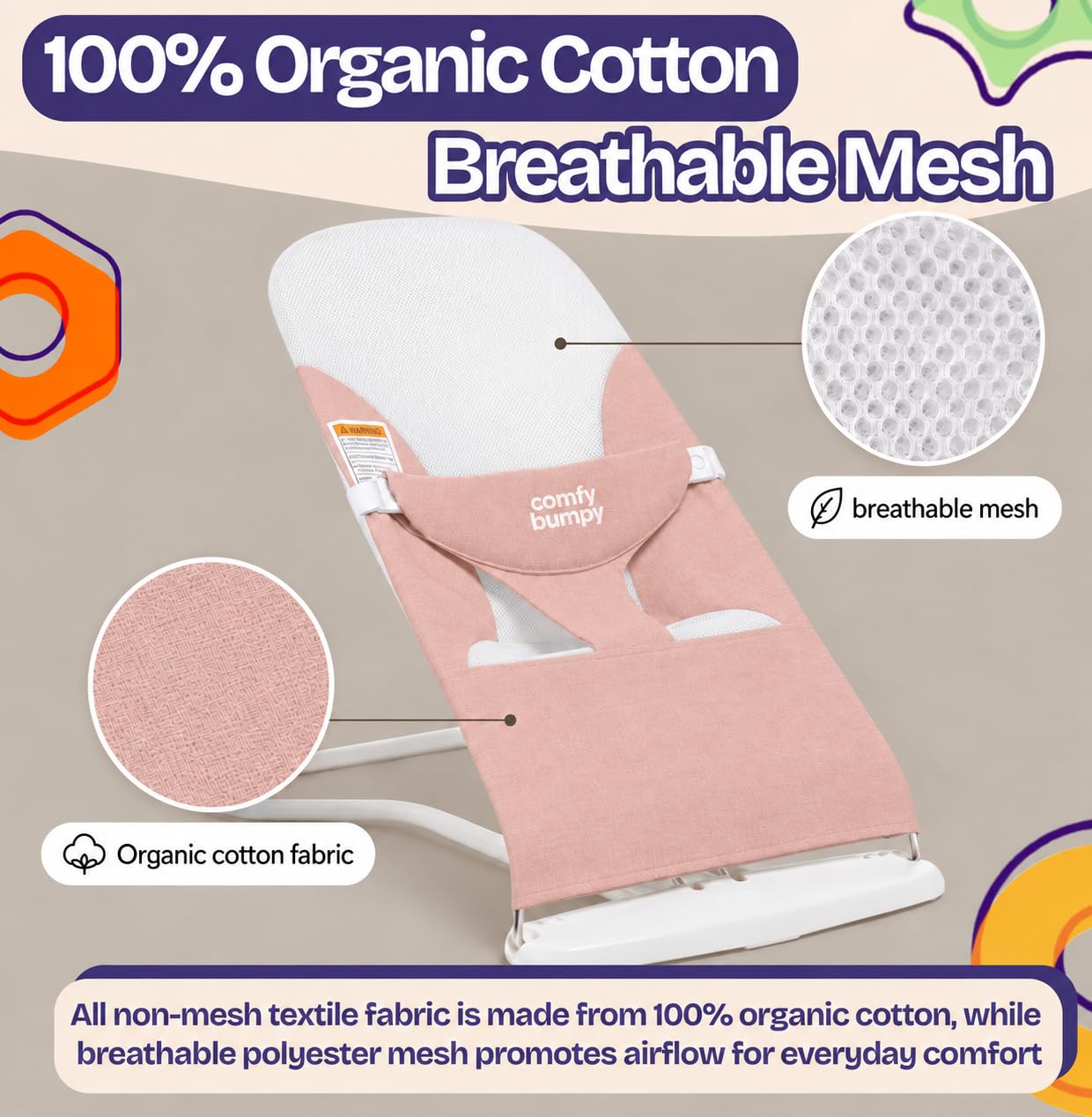 Detalle 2 de ComfyBumpy Baby Bouncer Seat, Organic Cotton, Breathable Mesh, Foldable