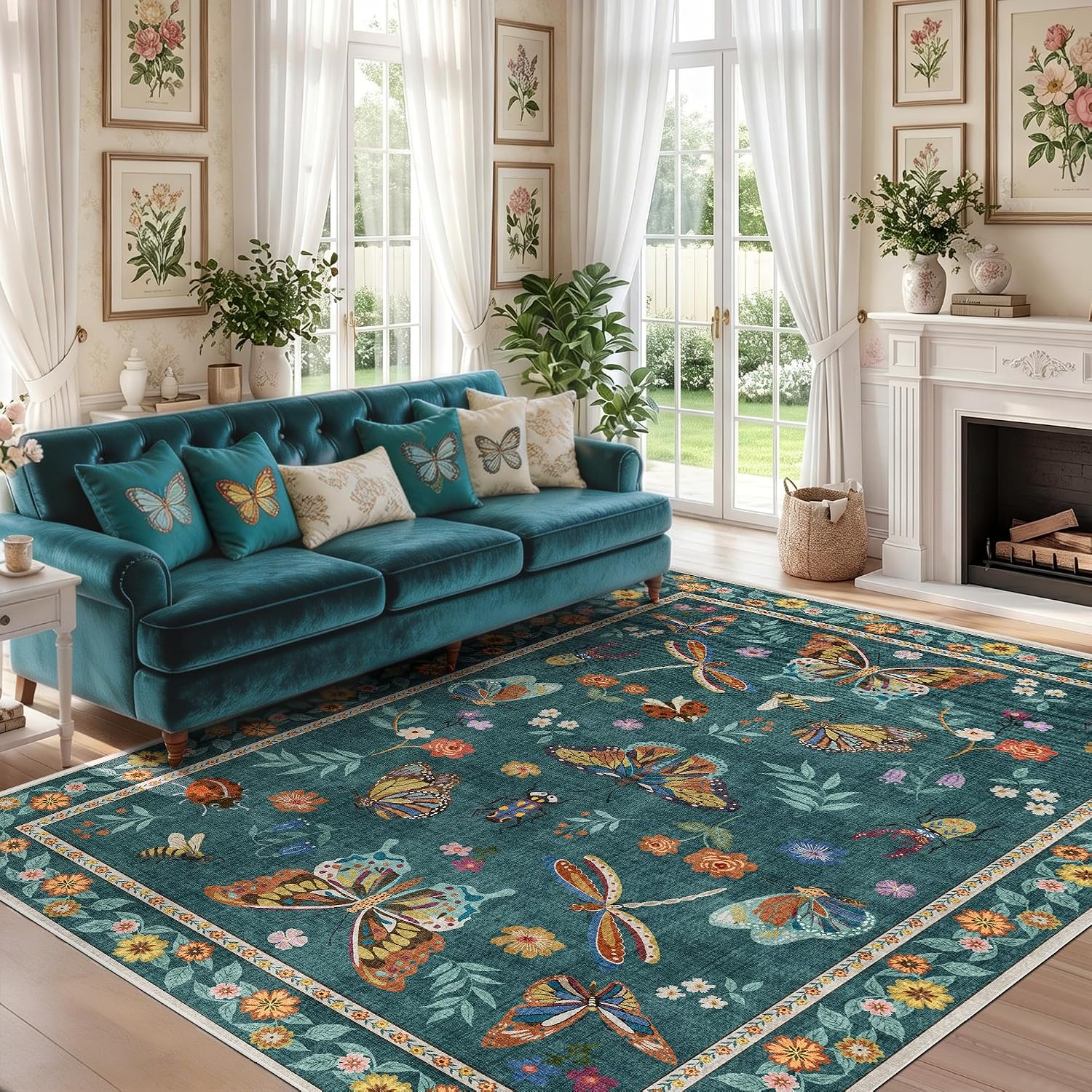 Detalle de AIMPEAK Teal Insect Area Rug, 5' x 7', Washable Low-Pile Polyester
